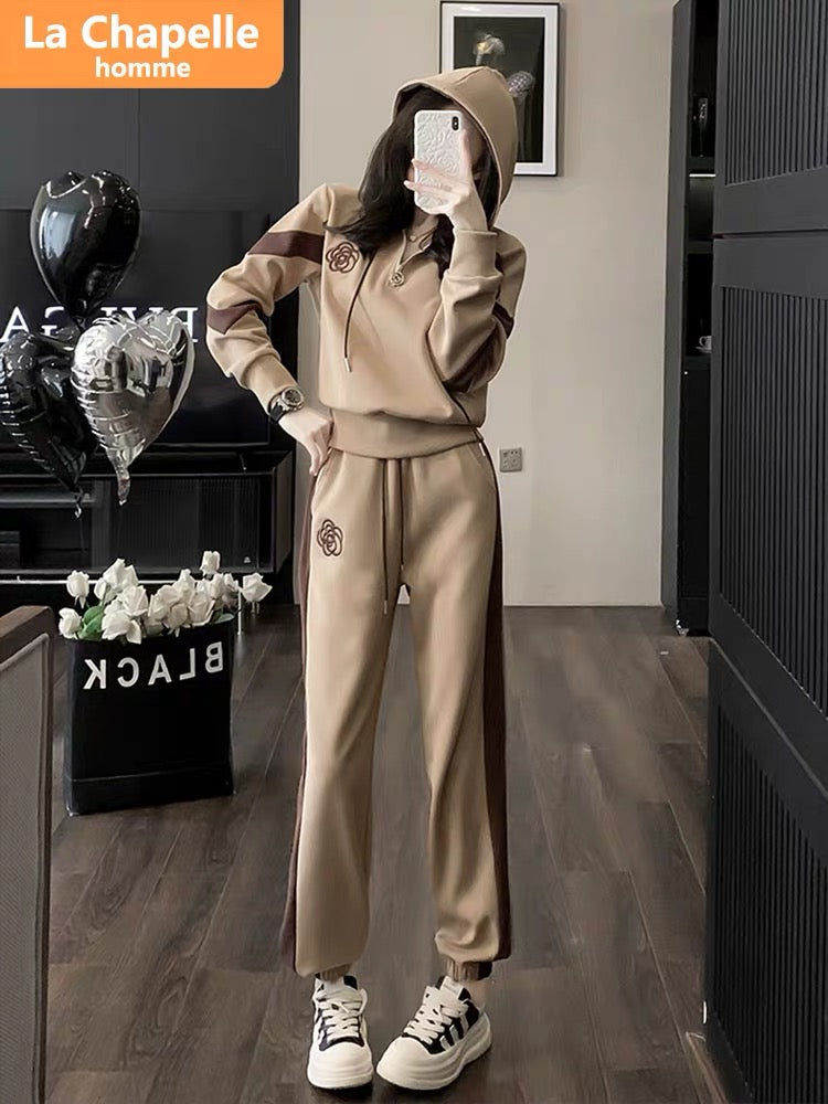 La Chapelle casual sports suit women's autumn and winter 2023 new rope hooded plus velvet sweatshirt and leggings pants two-piece set