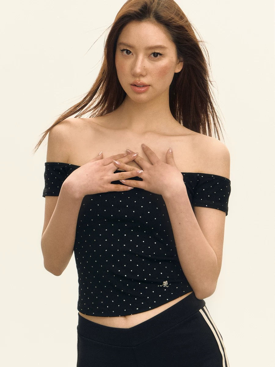 Ariseism American retro hot girl short hot diamond one shoulder short sleeve t-shirt female summer new tight top