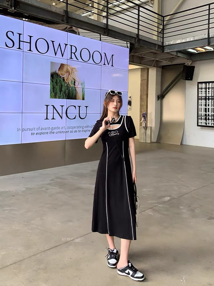 Mr. Zhang 2023 new summer plus size women's sexy dress hollow contrasting color temperament best friend little black skirt women (D547)