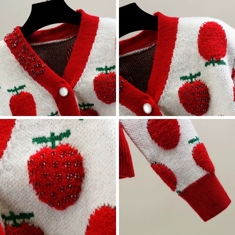 Heavy industry red diamond-encrusted cute strawberry jacquard craft color-blocked thickened short sweater with temperament and age-reducing slimming top