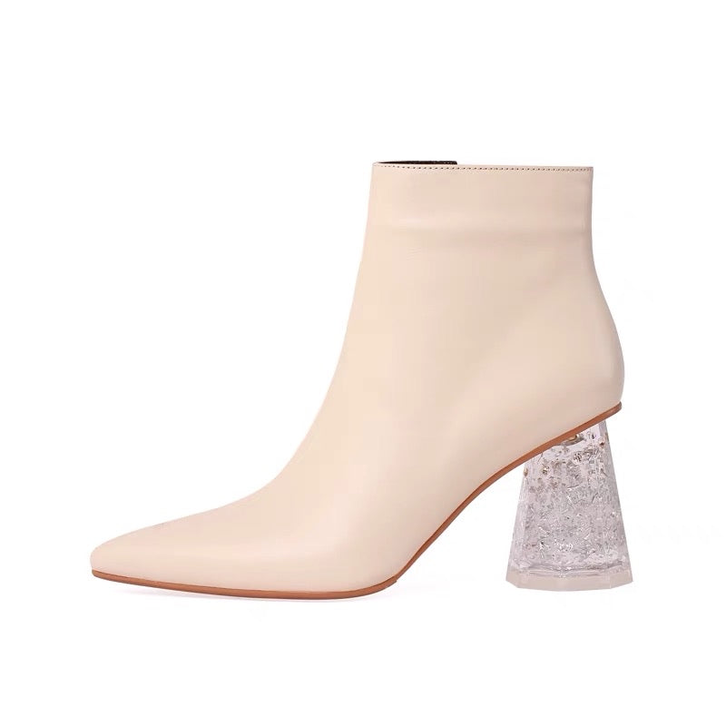 Full leather INS super fairy crystal high-heeled women's short boots pointed toe beige short boots leather high-quality ankle boots gentle wind