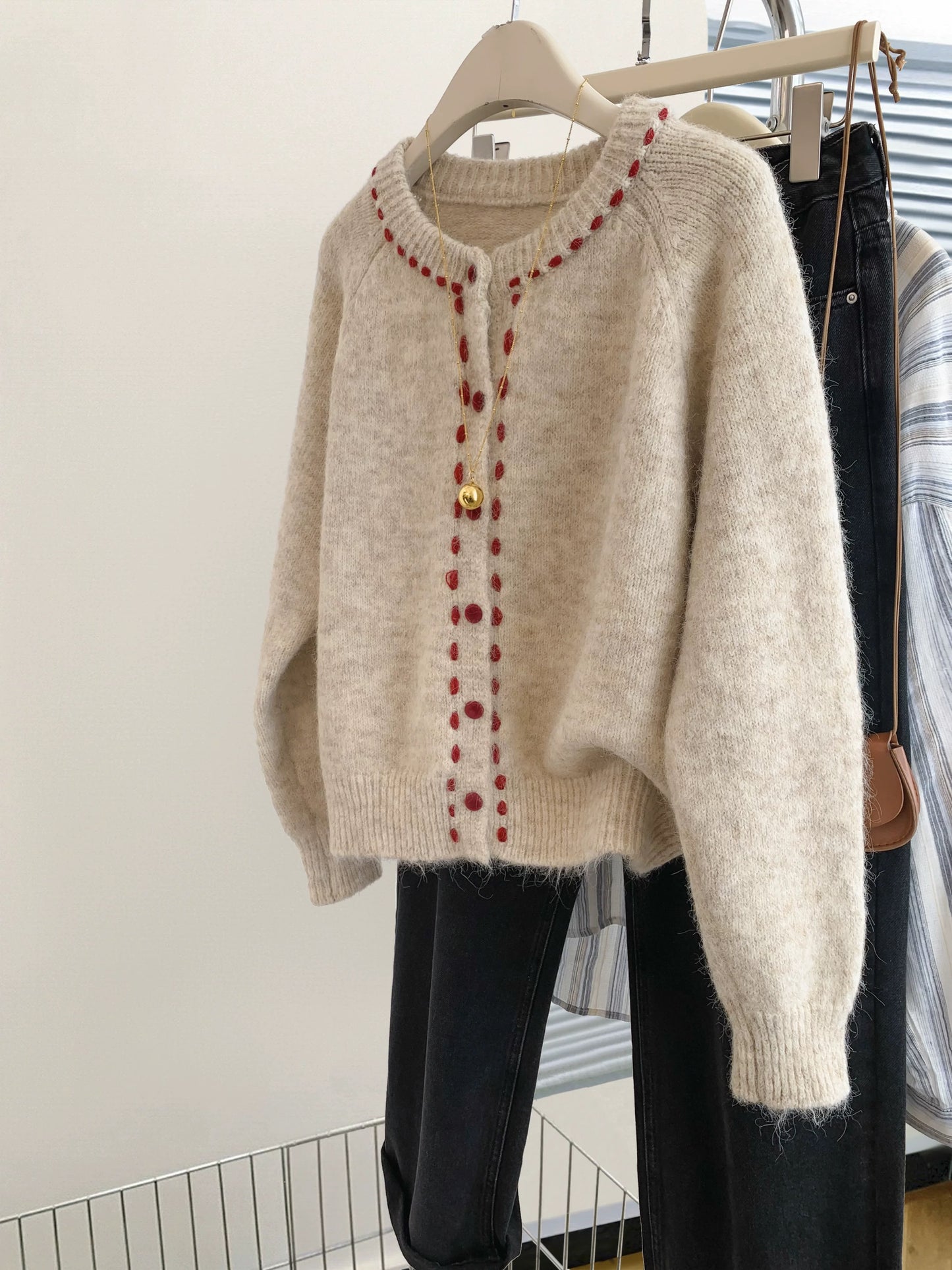 style bow-knitted sweater cardigan coat for women in early autumn straight shoulder French design short outerwear