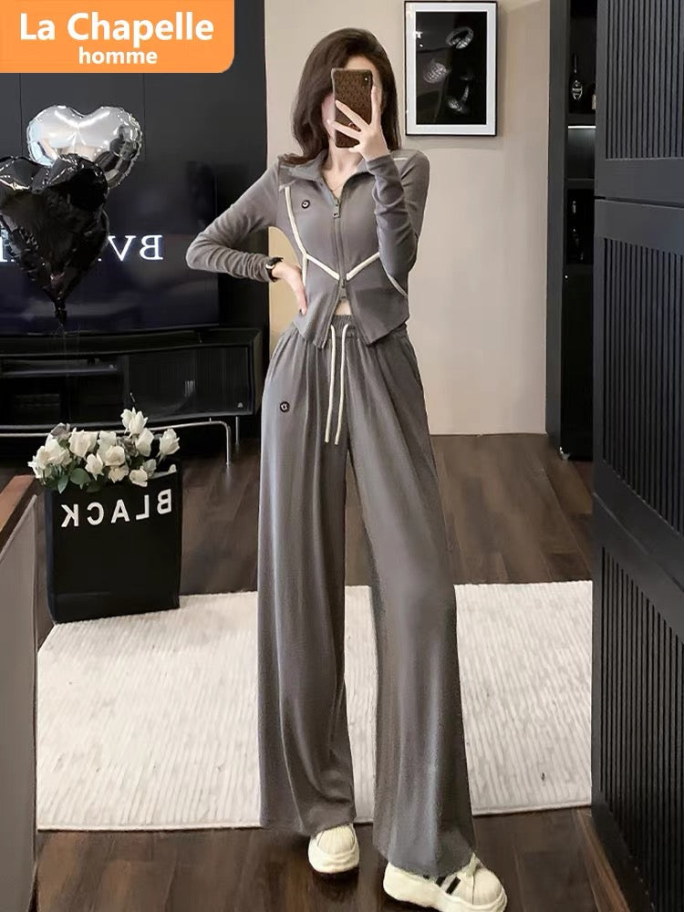 La Chapelle Casual Sports Suit Women's Autumn 2023 New Short Top High Waist Wide Leg Pants Two-piece Trendy Set