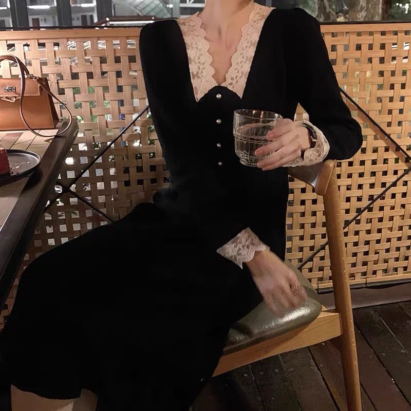 European station's new autumn style elegant lady lace splicing stunning and beautiful long skirt with intellectual dress underneath