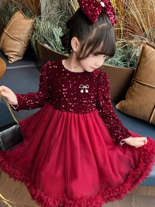Girls Dress Autumn and Winter New Style Internet Celebrity Children's Sequin Princess Dress Girl Red Bow Dress