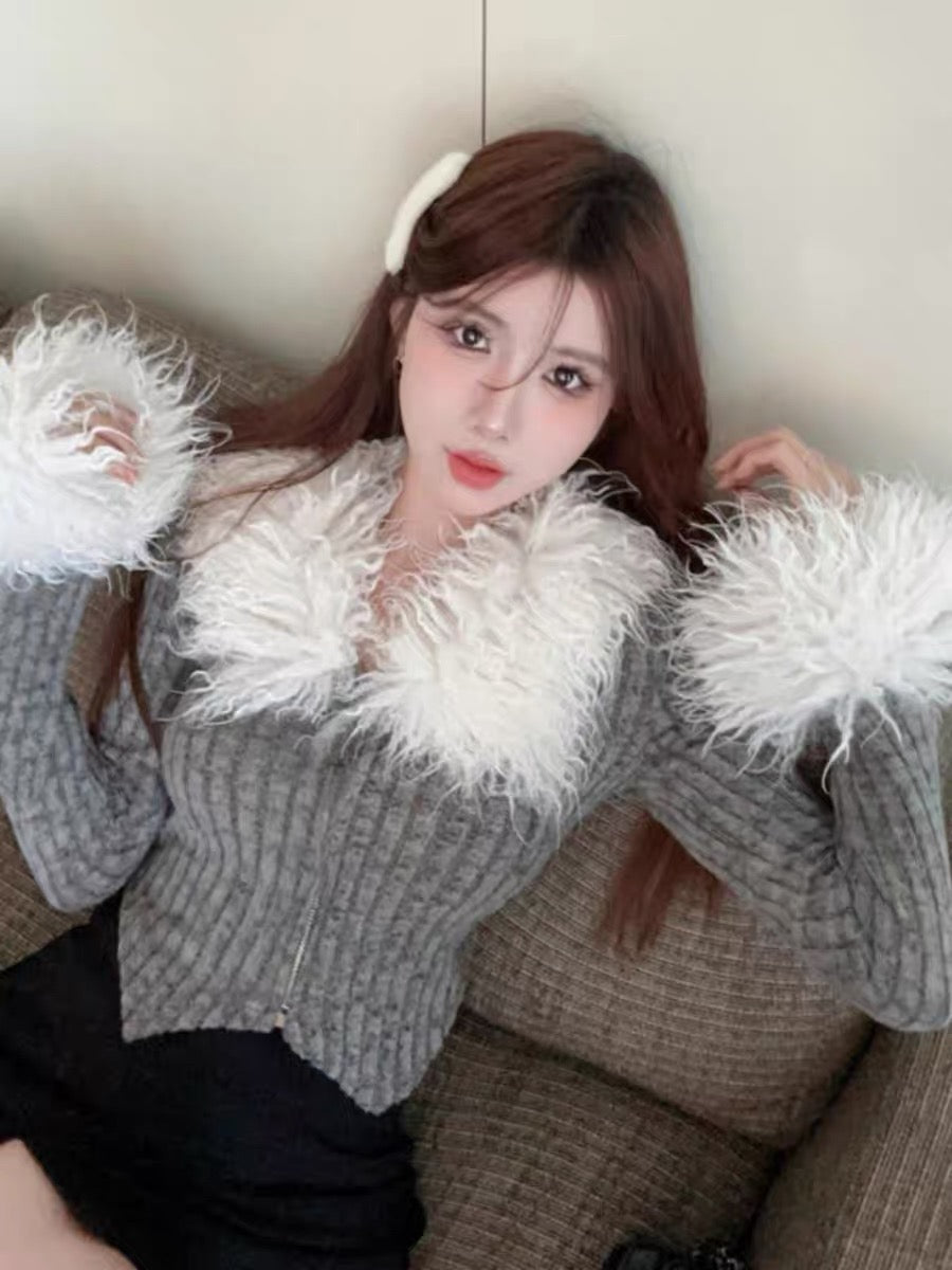 Furry collar knitted cardigan jacket for women in autumn hot girl short top design niche unique chic bottoming shirt