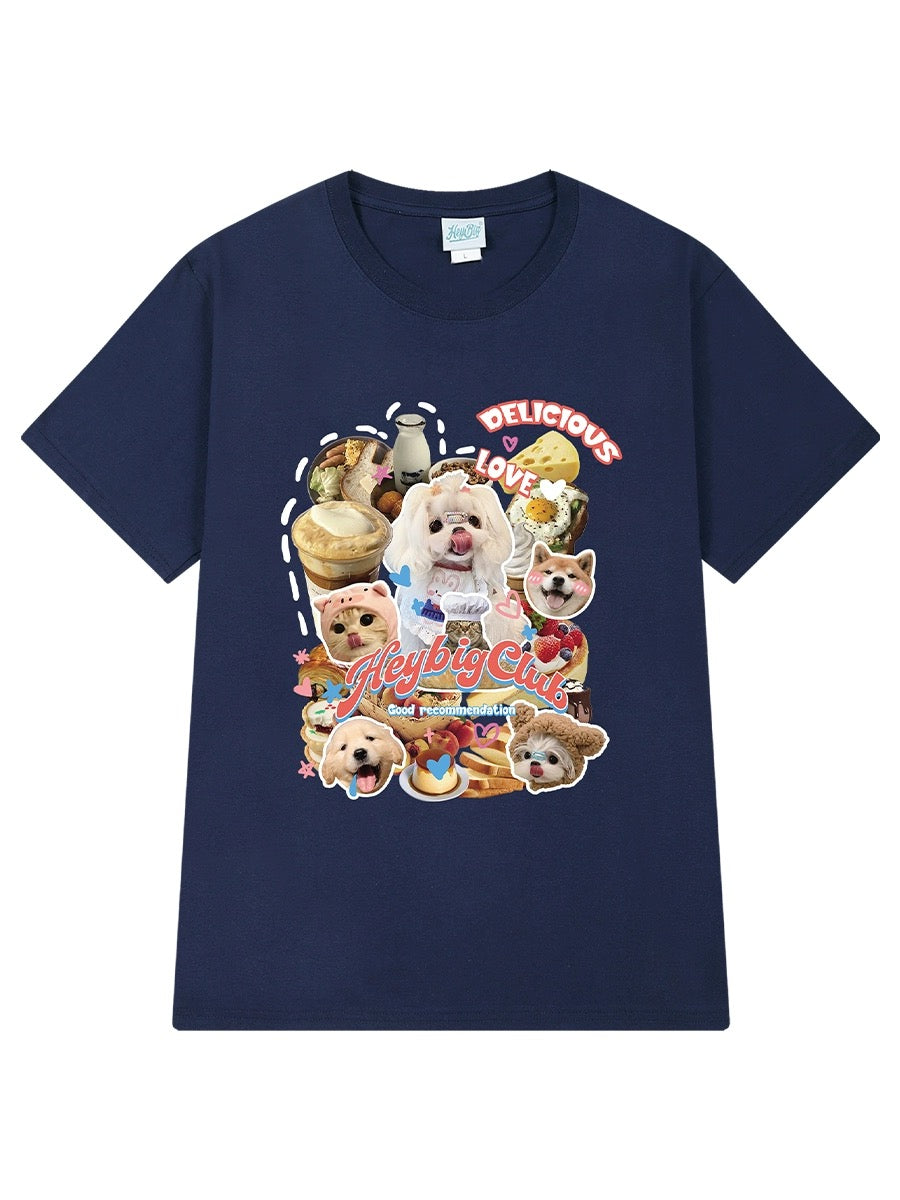 American retro cat and dog printed short-sleeved T-shirts for men and women 2024 new ins trendy brand loose and versatile clothes