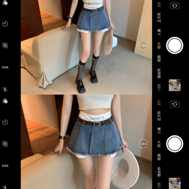 Irregular fake two-piece denim skirt female summer small tall waist thin a-line sexy pleated short skirt