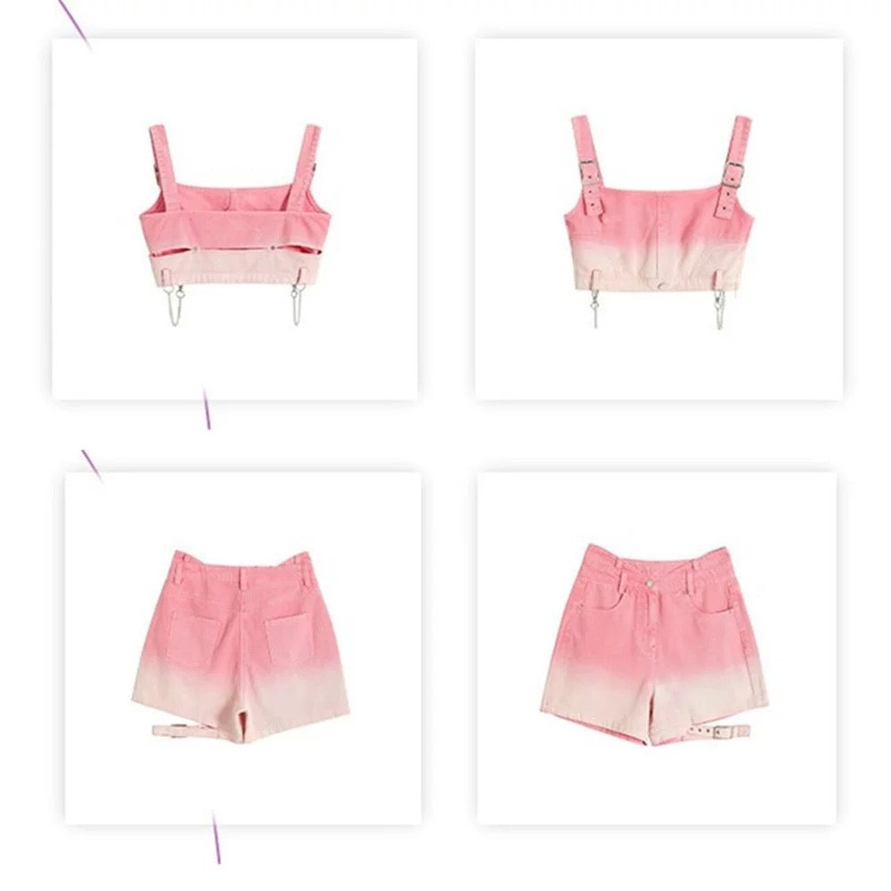 Sweet Cool Hot Girl Fashion Suit Women's Summer Dopamine Pink Denim Shorts Vest Top Slim High Waist Pants