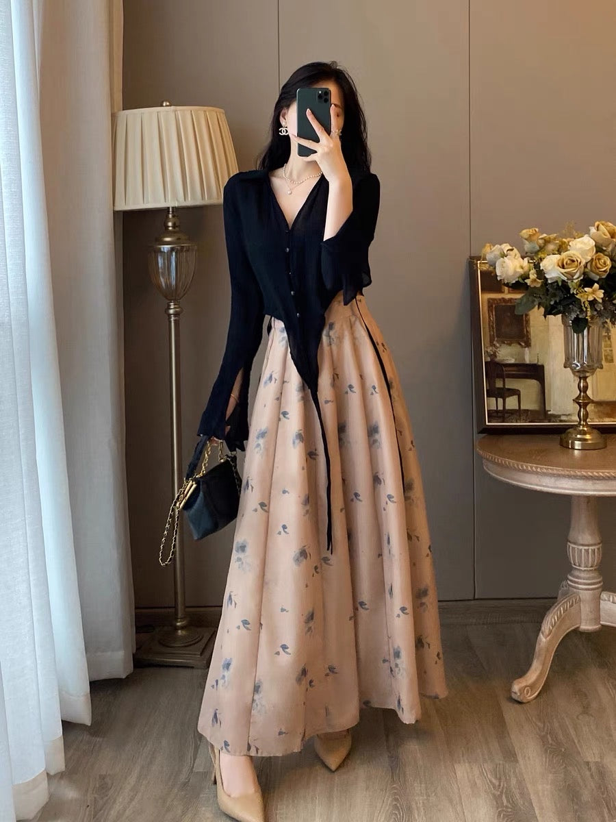 Two-piece suit women's autumn clothes new western style fashionable French retro bottoming velvet dress temperament slim long skirt