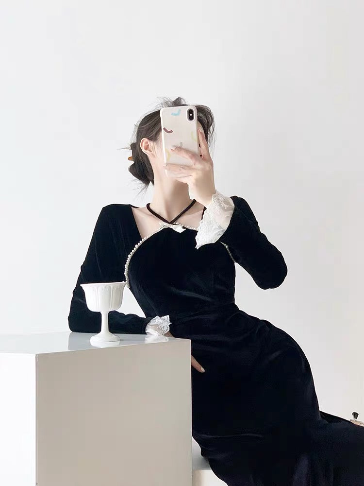 Hepburn style black velvet dress for women autumn new fashion temperament high-end French banquet dress long skirt