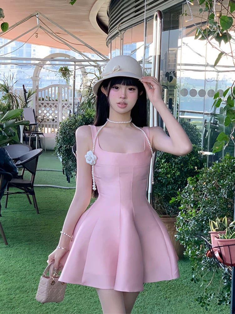 pink suspender dress Pink Dresses For Woman Wooden Ear Suspender Short Skirt, Birthday Dress, Summer Holiday Party Dress(Semi-Transparent Fabric In Summer)