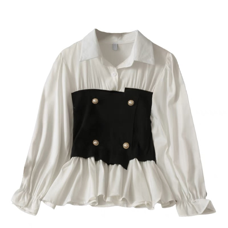 French niche contrasting color stitching double-breasted waisted shirt for women 2023 new slim fit long-sleeved bottoming top