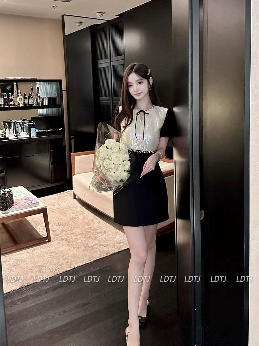 LDTJ Haute Couture 23 Autumn and Winter New Miu Celebrity Embroidered Sequins Light Luxurious Rhinestone Puff Sleeve Splicing Dress for Women