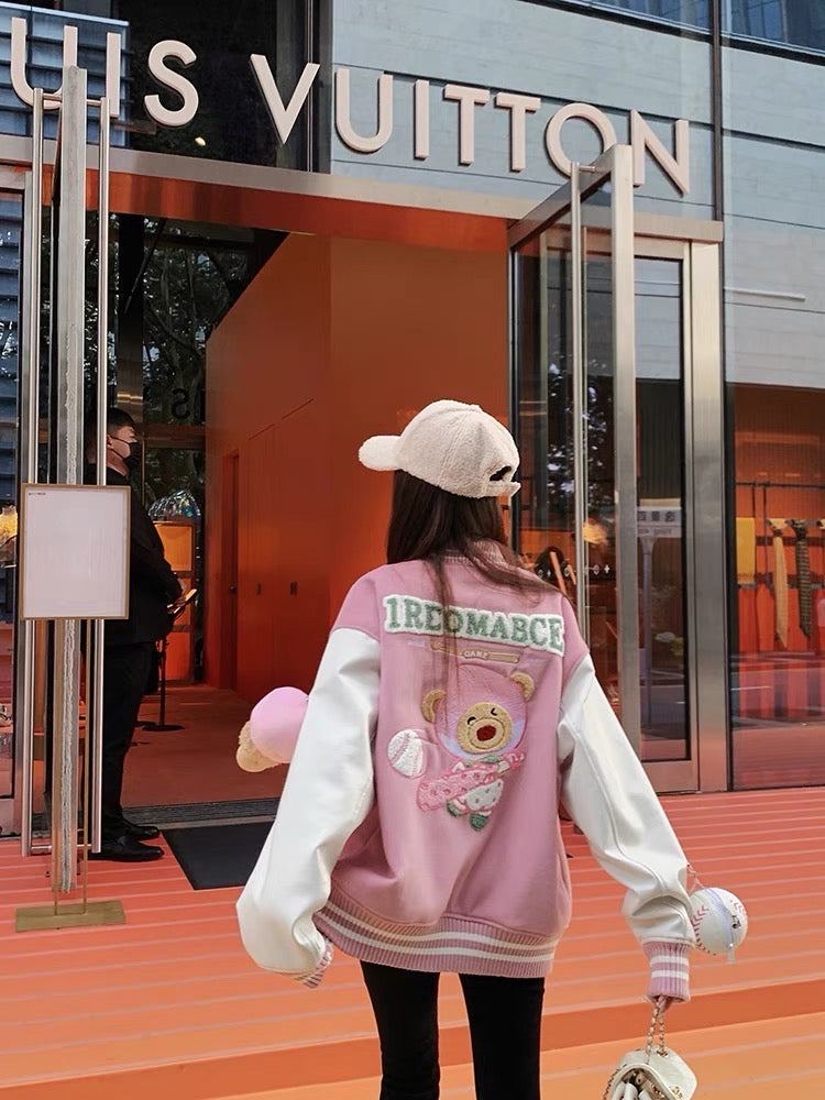 Earth Store pink age-reducing sweet cool heavy industry bear baseball uniform for women spring and autumn new sweet cool American style unique jacket