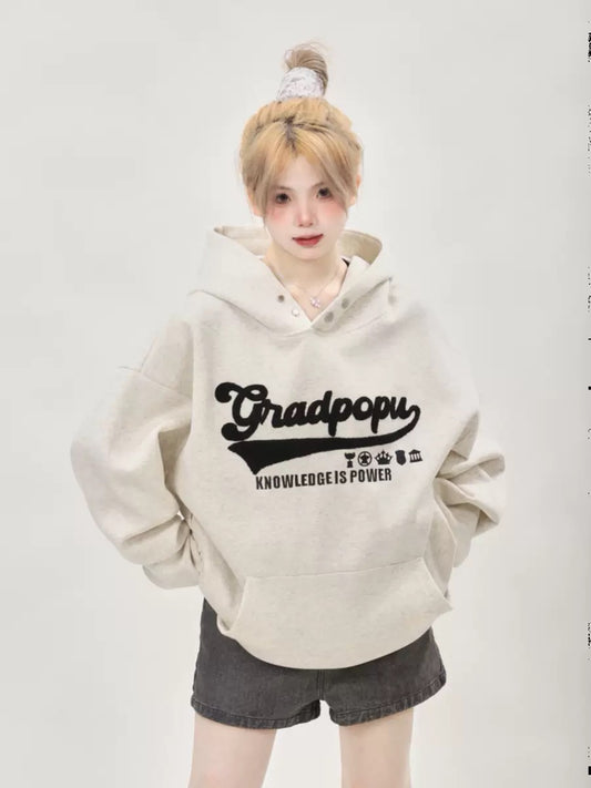 Lazy style oversize letter embroidered gray sweatshirt for women in autumn and winter American retro hooded heavyweight couple tops