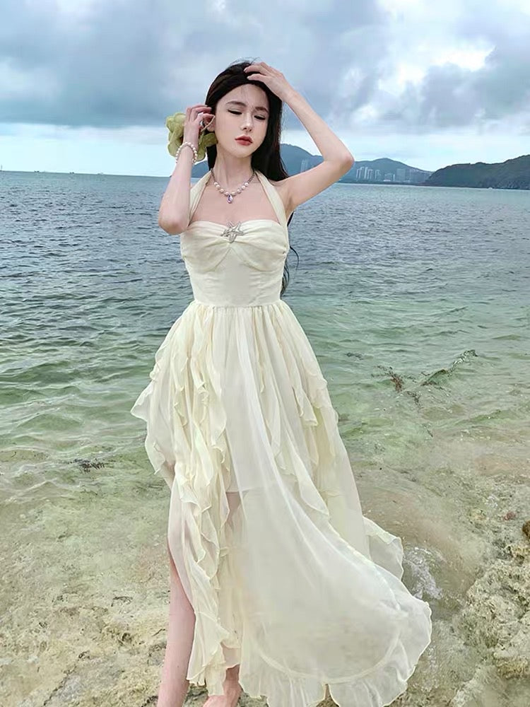 French high-end sexy backless halter neck sling dress fairy summer  temperament seaside vacation escaped princess dress