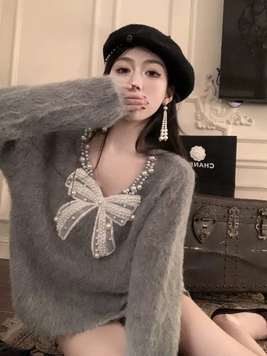 Beaded bow imitation mink v-neck sweater for women autumn and winter fufu lazy style loose long-sleeved sweater top