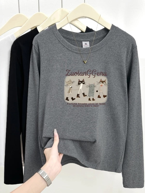 2025 Early Autumn New Style Bottoming Shirt Western Style Straight Shoulder Women's Long Sleeve T-shirt Round Neck College Style Letter Printed Top