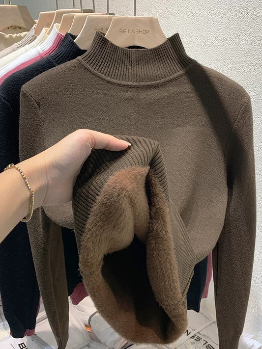 Plush mink velvet half-turtleneck sweater for women in autumn and winter new thickened warm top all-in-one velvet bottoming shirt for trendy inner wear