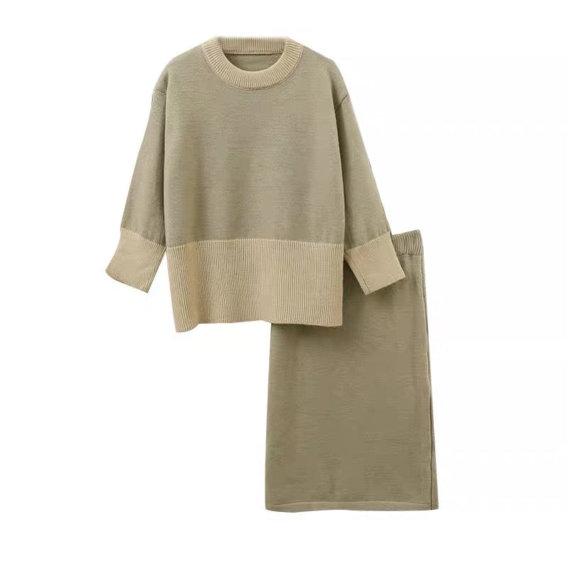 Suit for women in autumn and winter, lazy style, contrasting color splicing, round neck, long-sleeved loose sweater, elastic waist skirt, skirt