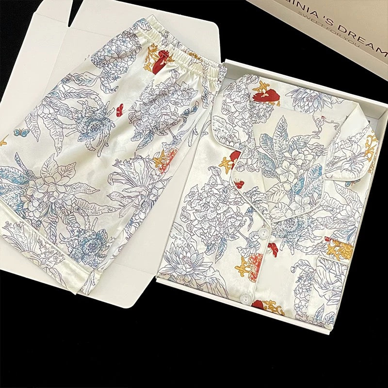 2024 new ice silk pajamas women's short-sleeved summer thin silk can be worn outside home clothes suit spring and summer