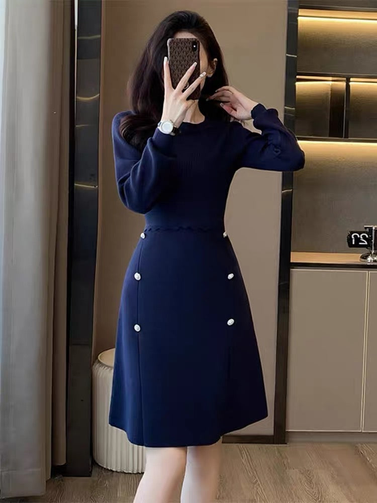 Autumn new light luxury retro temperament dress women's royal blue elegant and dignified waist knitted A-line skirt D7799