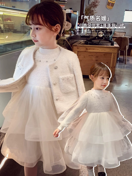 Girls' small fragrant style suit skirt winter wear 2023 new style children's Internet celebrity dress girl's mesh princess skirt