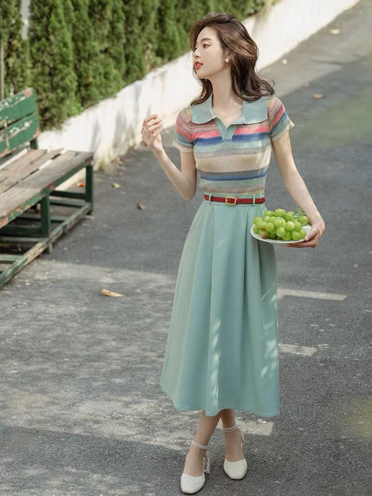 Polo collar summer ice silk college style knitted striped short-sleeved top and blue suit skirt two-piece set