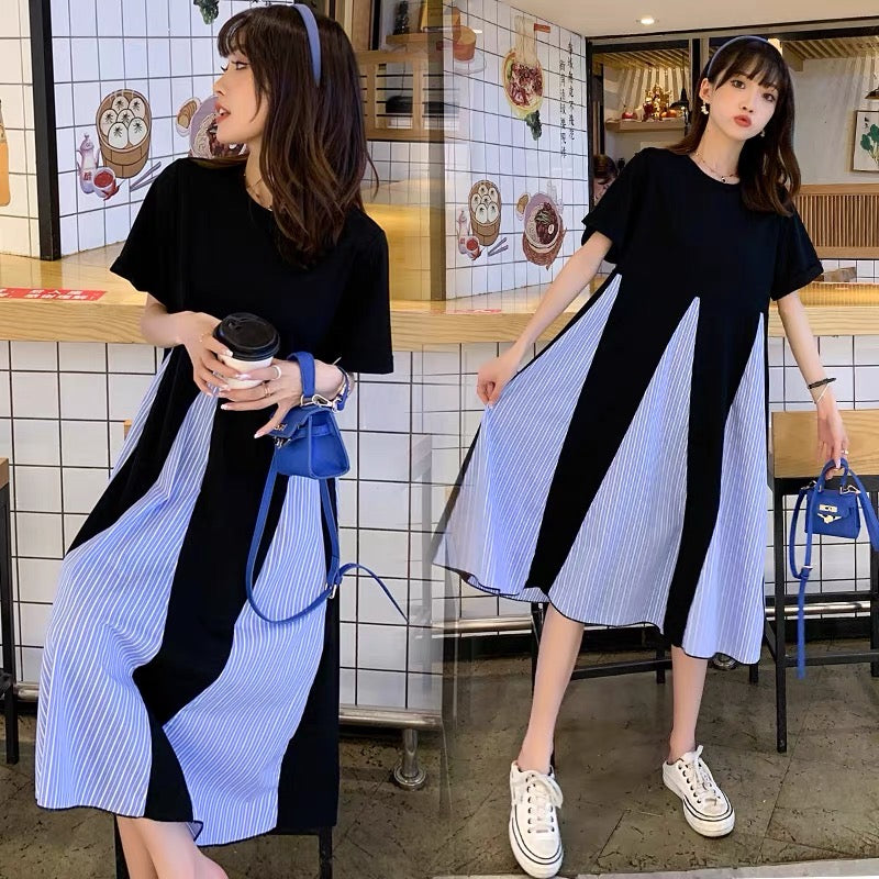 New summer wear, Korean style maternity wear, loose mid-length dress, stylish splicing skirt, 200 pounds puffy skirt D790