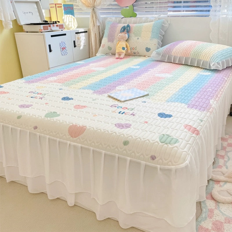 Summer printed bed skirt latex ice silk mat three-piece set princess style bed sheet air conditioning mattress mat machine washable