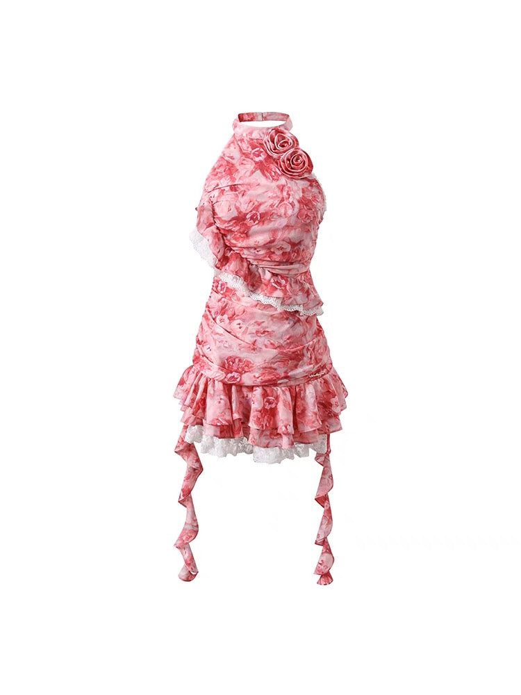 Underpass original design niche romantic red rose floral halter neck ribbon high waist dress for women