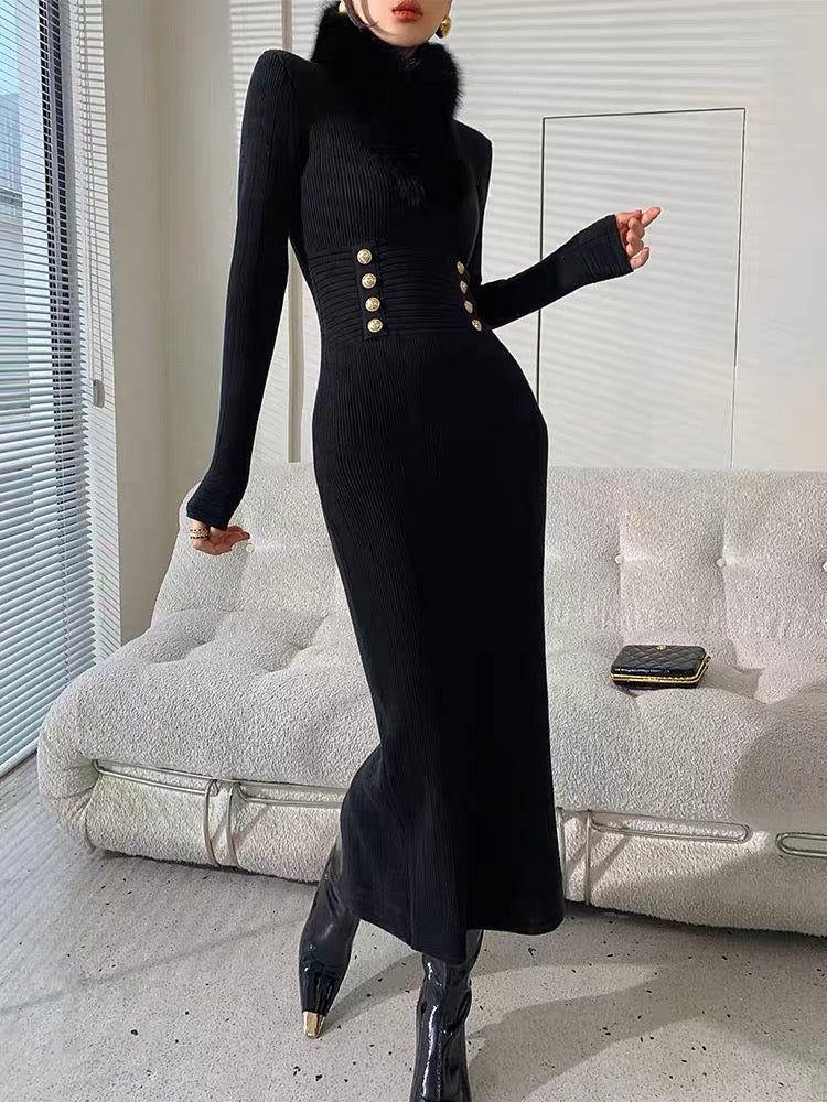 WANGXO black bottoming knitted dress for women 2023 autumn new style waist slimming mid-length hip-covering skirt (B1710)