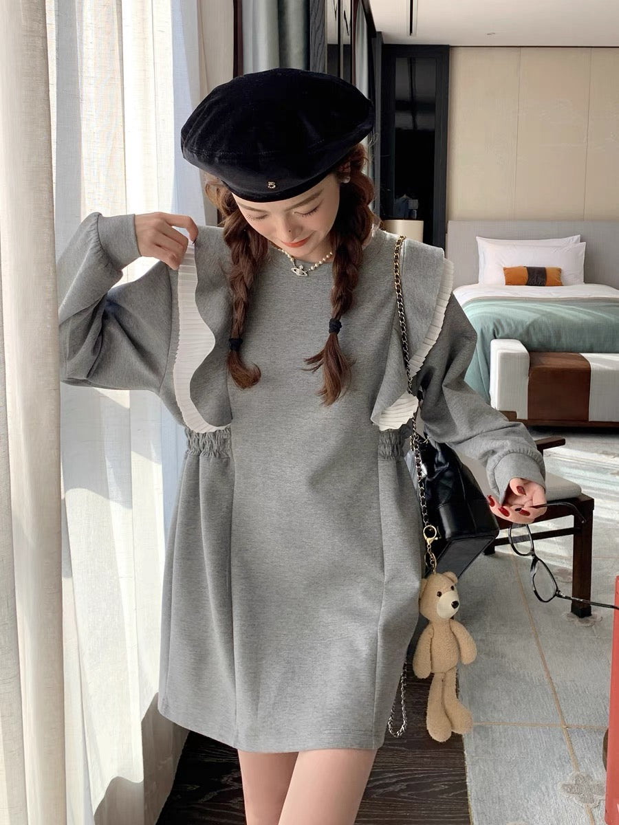 Gray design splicing sweatshirt skirt for spring and autumn women 2023 new Korean style age-reducing slimming small fungus skirt