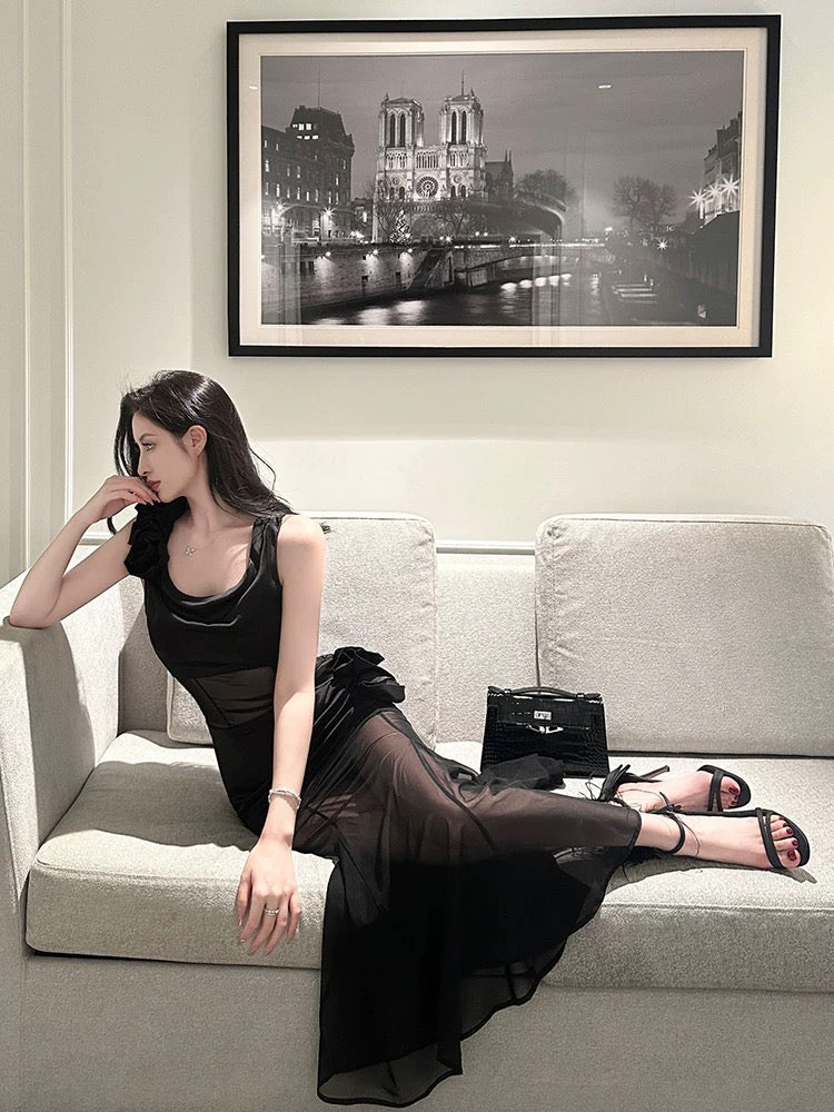 For Fay black rose/high-end satin mesh stitching sexy slim dress see-through hip fishtail skirt