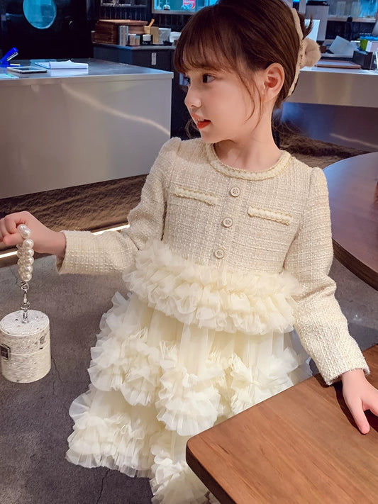 Girls Dresses Winter Wear 2023 New Style Children's Plush Cake Skirt Girls Small Fragrance Mesh Princess Dress