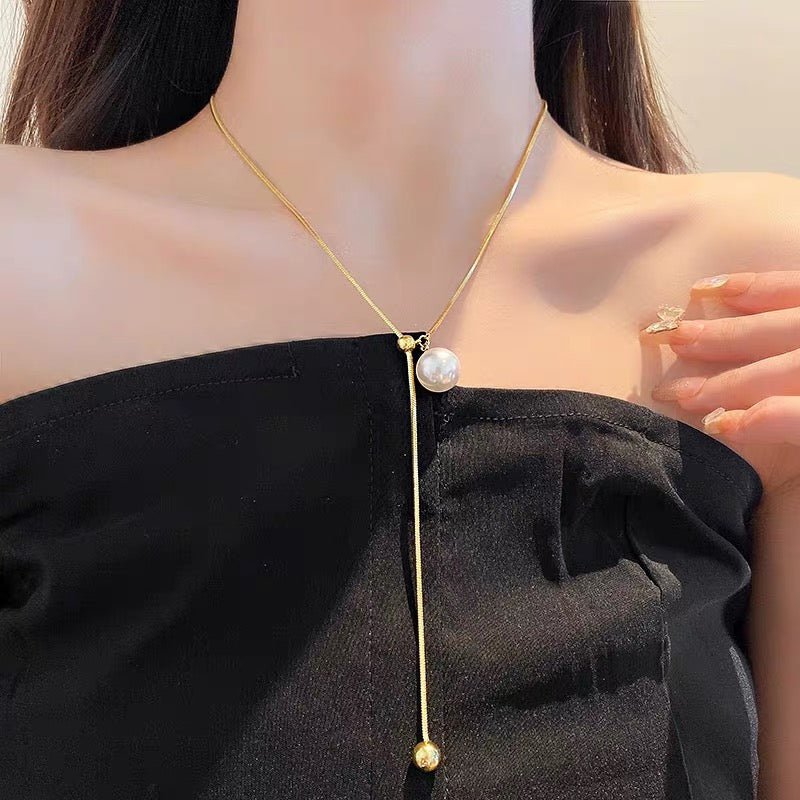 French style pearl round bead tassel Y-shaped adjustable necklace fashionable personality clavicle chain high-end necklace for women