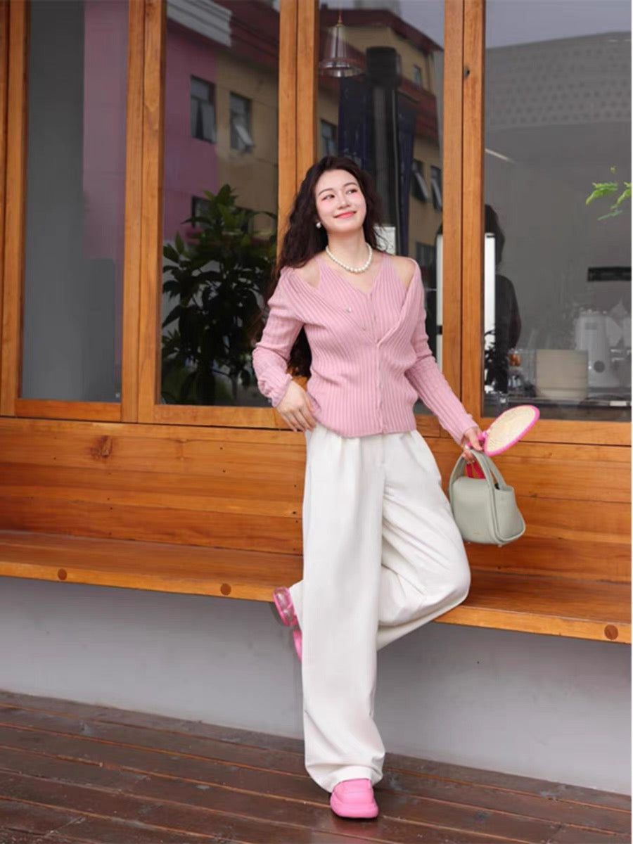 Turn right/Chen Thigh Fake two-piece sweater for women 2023 autumn cardigan high-end design suspender top