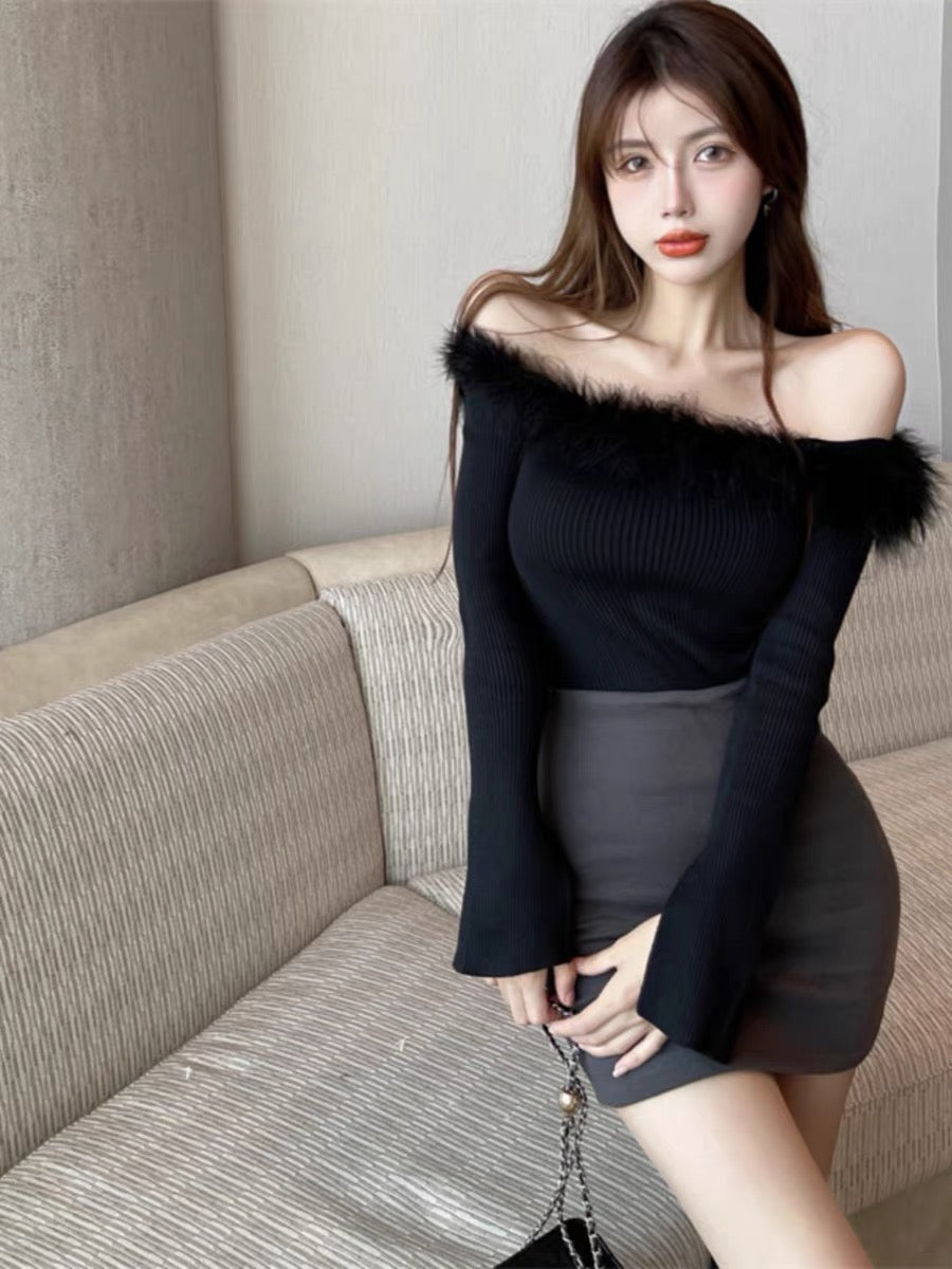 Spring tops for women, pure lust style, sexy sweet hotties, short one-shoulder fur collar, long-sleeved slits, slimming knitwear