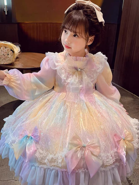 Girls Lolita Princess Dress Little Girls Autumn Clothing 2023 New Style Children's Puffy Rainbow Mesh Dress