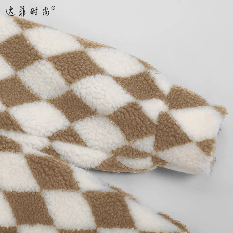 Winter Women's Clothing 2023 New Contrast Color Checkerboard Mid-Length Waist Slimming Fur Coat Slim Fit Fur Coat