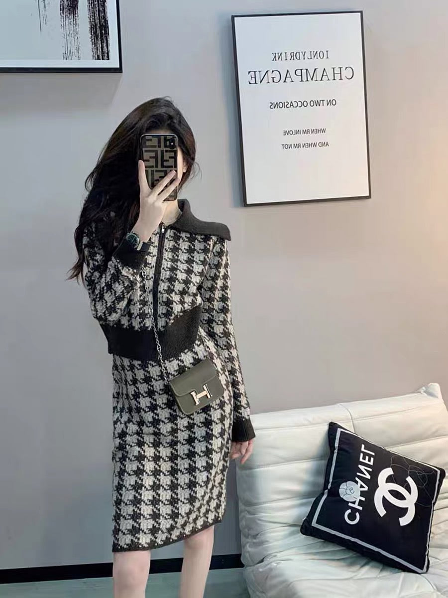 Xiaoxiangfeng fashion suit for women 2023, ladylike temperament, light luxury houndstooth bag hip skirt, knitted cardigan two-piece set (B1516)