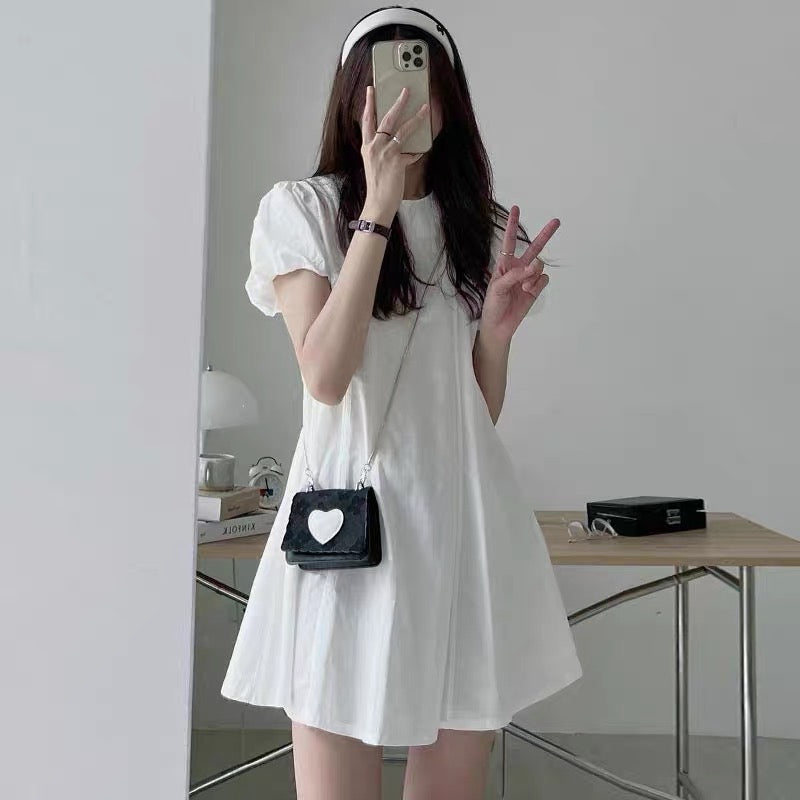 Korean chic summer simple niche round neck pleats loose puff sleeves small A word short dress female
