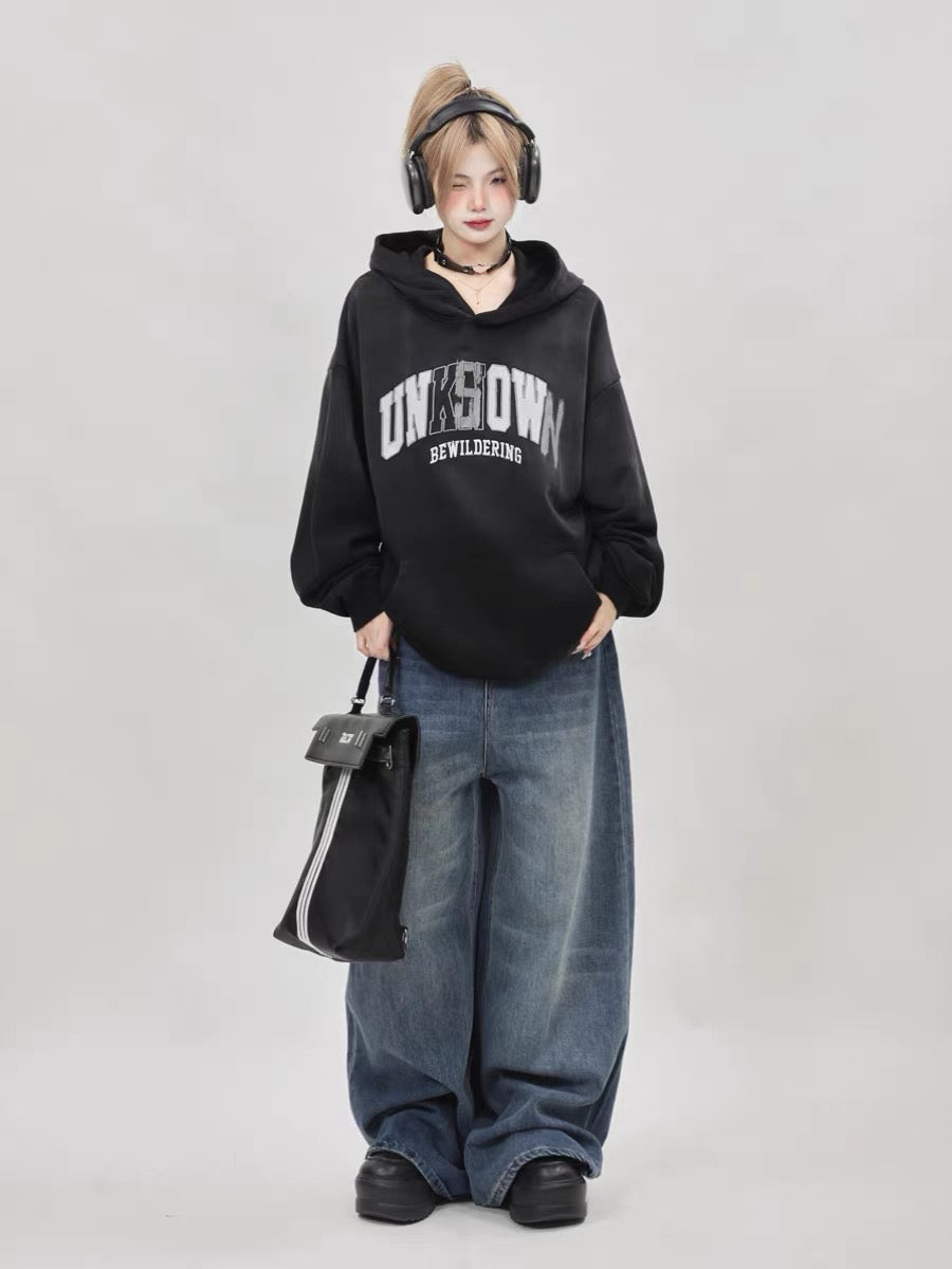 American retro niche oversize washed tie-dye gradient blue hooded sweatshirt for women spring and autumn 2023 new trend A3350