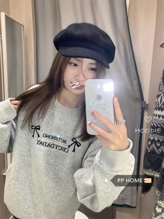 PPHOME Early Korean Girl~Gray letter embroidered plus velvet loose sweatshirt autumn and winter lazy versatile casual top