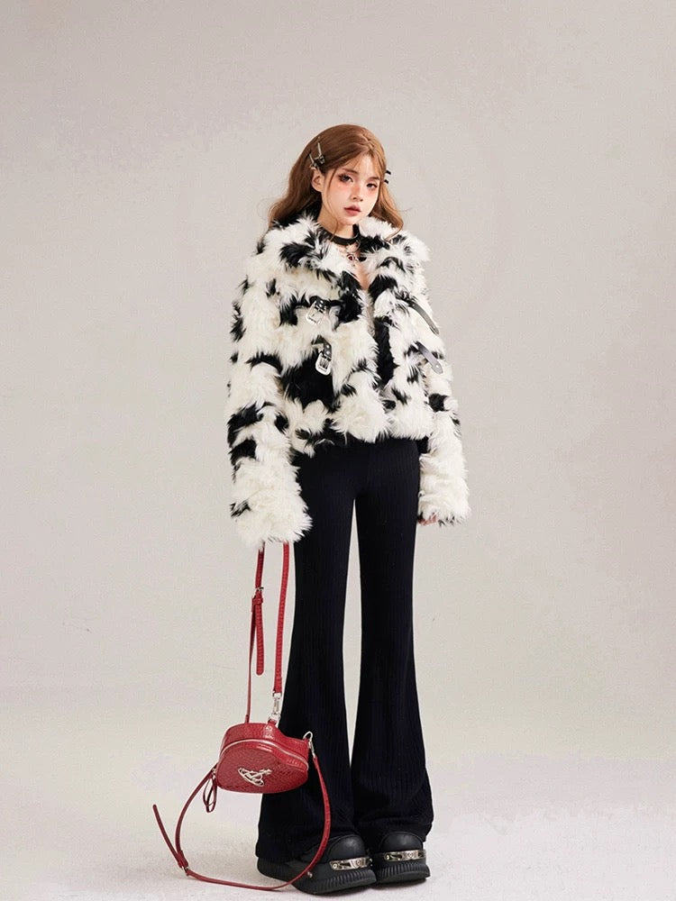 11SH97 Black and white plush fur coat for women winter new style warm loose cardigan long top