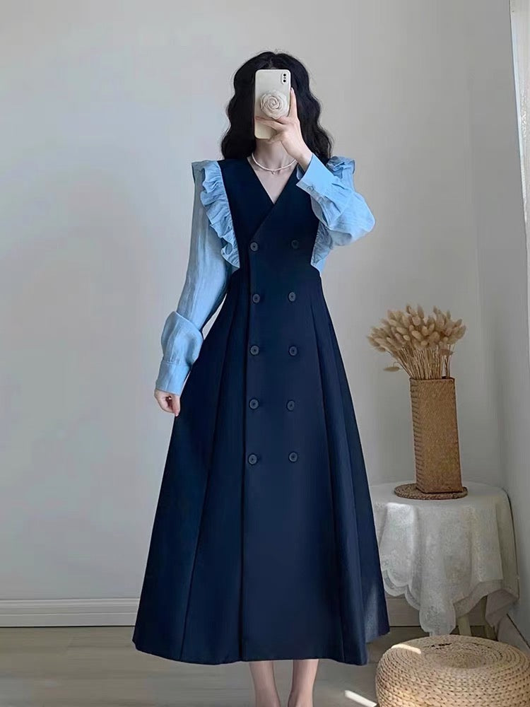 Autumn women's clothing 2023 new high-end A-line long skirt double-breasted French waist slimming light mature style dress