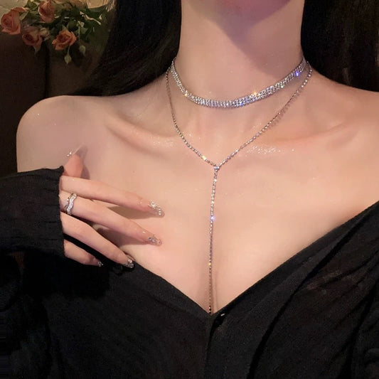 Attending a dinner together ~ full diamond super flash tassel necklace women's light luxury niche design chest chain advanced clavicle chain neck necklace