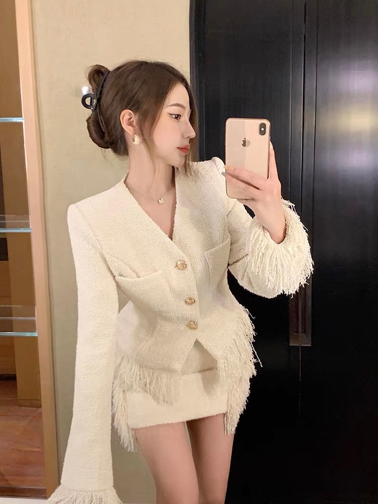 Celebrity Xiaoxiang Style Suit Women's Autumn and Winter Tweed Temperament Top High Waist Slim Tassel Half Skirt Two-piece Set