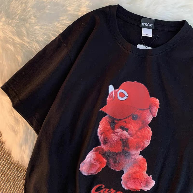 Hip-hop bear short-sleeved T-shirt for men and women, trendy loose oversize round neck half-sleeved T-shirt (S0622)